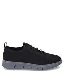 De sneaker is gemaakt van zwart ademend mesh-materiaal en heeft een vetersluiting. De grijze zool biedt extra grip en comfort.