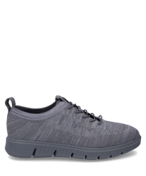 Baskets grises avec lacets en matériau tricoté respirant. La chaussure a une semelle flexible et profilée pour un confort de port optimal.