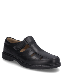 The half shoe in black color is made of smooth leather and features a practical Velcro closure. The side cutouts provide additional ventilation and comfort.