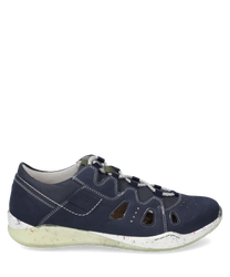 Dark blue leather lace-up shoe with perforated design and contrasting speckled sole. Side cut-outs and light decorative stitching give it a sporty look.