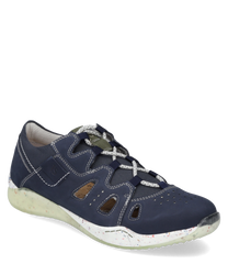 Dark blue leather lace-up shoe with perforated design and contrasting speckled sole. Side cut-outs and light decorative stitching give it a sporty look.