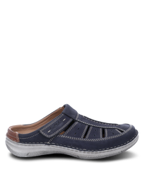 The dark blue shoe is made of synthetic leather and features a Velcro closure. Special features include decorative stitching and air vents that ensure breathability.
