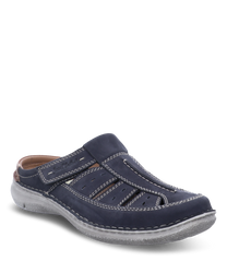 The dark blue shoe is made of synthetic leather and features a Velcro closure. Special features include decorative stitching and air vents that ensure breathability.