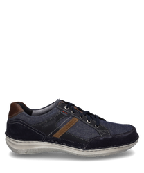 Modern lace-up shoe made of blue and brown leather and light gray fabric. Striking decorative seams and contrasting brown stripes give the shoe a stylish look.