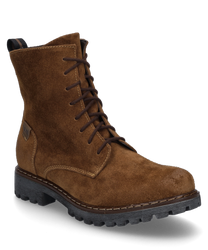 La bota en color castaño está hecha de gamuza de alta calidad y cuenta con una práctica cremallera. Se caracteriza por una suela robusta y discretos detalles de costura.