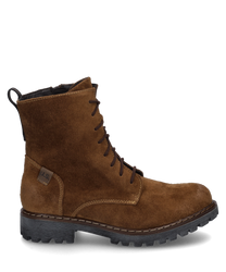 La bota en color castaño está hecha de gamuza de alta calidad y cuenta con una práctica cremallera. Se caracteriza por una suela robusta y discretos detalles de costura.