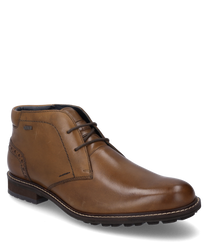 Die Stiefelette aus braunem Leder zeichnet sich durch eine elegante Schnürung und dezente Zierperforationen an der Ferse aus. Der robuste Lederschuh bietet eine strapazierfähige Sohle für optimalen Halt.