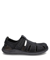 Black leather sandal with Velcro closure. The design features open side slits and a sturdy sole ideal for comfort and ventilation.