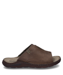 Brown leather sandal with elastic closure open design on the sides. Comfortable sole for pleasant wear ideal for warm days.