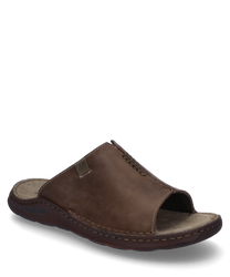 Brown leather sandal with elastic closure open design on the sides. Comfortable sole for pleasant wear ideal for warm days.