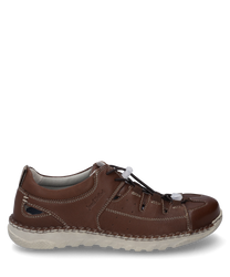 La chaussure est fabriquée en cuir marron et possède une semelle blanche. Les caractéristiques particulières sont la couture frappante et le laçage qui assurent un ajustement individuel.