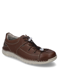 La chaussure est fabriquée en cuir marron et possède une semelle blanche. Les caractéristiques particulières sont la couture frappante et le laçage qui assurent un ajustement individuel.