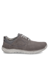 The shoe is gray and made of suede featuring lacing as a closure. Special features include perforated details on the sides and the contrasting light sole.