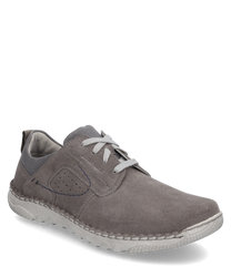 The shoe is gray and made of suede featuring lacing as a closure. Special features include perforated details on the sides and the contrasting light sole.