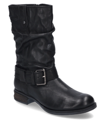 Schwarzer Stiefel mit Reißverschluss aus glattem Leder gefertigt. Der Stiefel hat einen niedrigen Absatz und eine dekorative Schnalle an der Seite.