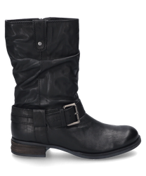 Schwarzer Stiefel mit Reißverschluss aus glattem Leder gefertigt. Der Stiefel hat einen niedrigen Absatz und eine dekorative Schnalle an der Seite.
