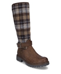 Dieser Stiefel aus braunem Leder hat einen karierten Stoffschaft in Braun- und Beigetönen. Er verfügt über einen Reißverschluss und eine Schnalle als Verschluss was ihn modisch und funktional macht.