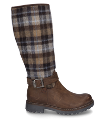 Dieser Stiefel aus braunem Leder hat einen karierten Stoffschaft in Braun- und Beigetönen. Er verfügt über einen Reißverschluss und eine Schnalle als Verschluss was ihn modisch und funktional macht.
