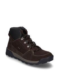 Die Stiefelette in moro-kombi präsentiert sich in einem robusten Wildlederdesign mit einer Schnürung und silbernen Ösen. Der Schuh ist mit kontrastierenden Nähten und einem gepolsterten Knöchelbereich ausgestattet was zusätzlichen Komfort bietet.