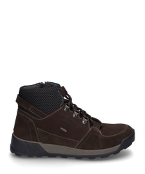 Die Stiefelette in moro-kombi präsentiert sich in einem robusten Wildlederdesign mit einer Schnürung und silbernen Ösen. Der Schuh ist mit kontrastierenden Nähten und einem gepolsterten Knöchelbereich ausgestattet was zusätzlichen Komfort bietet.