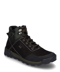 Die Stiefelette ist aus robustem dunkelbraunem Leder mit einem grünen Tarnmuster am Schaft gefertigt. Sie verfügt über eine Schnürung mit Metallösen und eine strapazierfähige schwarze Gummisohle.