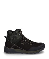 Die Stiefelette ist aus robustem dunkelbraunem Leder mit einem grünen Tarnmuster am Schaft gefertigt. Sie verfügt über eine Schnürung mit Metallösen und eine strapazierfähige schwarze Gummisohle.