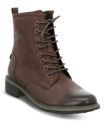Die abgebildete Stiefelette ist aus braunem Leder gefertigt und zeigt eine robuste Schnürung sowie einen praktischen Reißverschluss an der Seite. Der Schuh hat eine profilierte Sohle und ist ideal für einen stilvollen und komfortablen Auftritt.