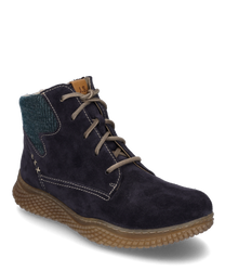 Die Stiefelette in der Farbgebung 'jeans-kombi' besteht aus weichem Veloursleder mit einer Schnürung als Verschluss. Der Schuh ist mit einem warmen Innenfutter ausgestattet und hat eine rutschfeste Gummisohle.