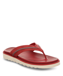 Chanclas rojas con correas anchas y acolchadas y una franja gris sin cierre. La suela es de color crema y ligeramente perfilada para un mejor agarre.