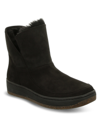 The illustrated ankle boot is black made of soft material and has no closure. It features a fluffy lining that is visible at the shaft edge and a sturdy sole for added comfort.