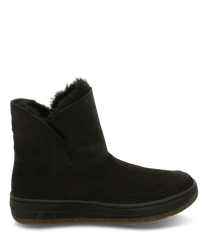 The illustrated ankle boot is black made of soft material and has no closure. It features a fluffy lining that is visible at the shaft edge and a sturdy sole for added comfort.