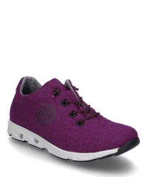 The sneaker is made of purple felt material and features black laces. It is characterized by a white sole with special air channels that provide comfort.