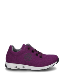 The sneaker is made of purple felt material and features black laces. It is characterized by a white sole with special air channels that provide comfort.