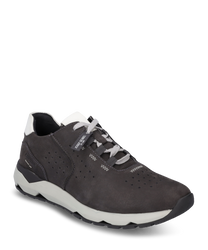 Zapatilla gris oscuro con cordones de cuero con detalles perforados para la transpirabilidad. Suela blanca y parte trasera combinada con un diseño deportivo para comodidad y estilo.
