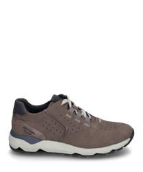 Brown sneaker with lacing made from smooth leather. The shoe features subtle perforations and a contrasting white sole that provides a modern look.