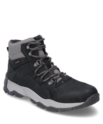The ankle boot is made of durable black leather and features a gray lacing. The shoe has a sturdy gray sole and is ideal for outdoor activities.