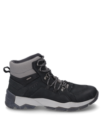 The ankle boot is made of durable black leather and features a gray lacing. The shoe has a sturdy gray sole and is ideal for outdoor activities.