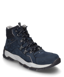 La bota está hecha de cuero azul oscuro resistente y cuenta con un sistema de cordones. Tiene una suela perfilada y ojales reforzados ideal para actividades al aire libre.