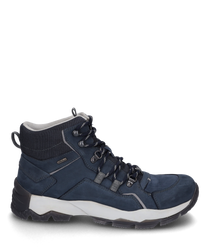 La bota está hecha de cuero azul oscuro resistente y cuenta con un sistema de cordones. Tiene una suela perfilada y ojales reforzados ideal para actividades al aire libre.