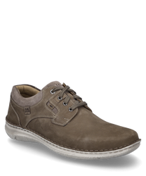 The brown suede lace-up shoe features contrasting light gray stitching. The white sole and subtle logo on the side give it a casual look.