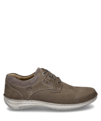 The brown suede lace-up shoe features contrasting light gray stitching. The white sole and subtle logo on the side give it a casual look.
