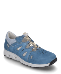 The sneaker is made of blue suede with light gray mesh details. It features lacing and characteristic cutouts for breathability.