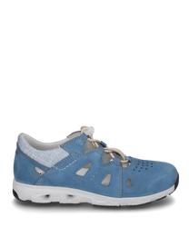 The sneaker is made of blue suede with light gray mesh details. It features lacing and characteristic cutouts for breathability.