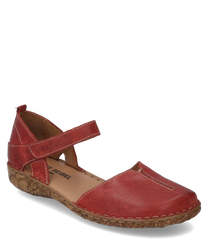 Red leather sandal with Velcro closure ideal for a comfortable fit. The sole features a floral pattern that adds a special accent to the sandal.