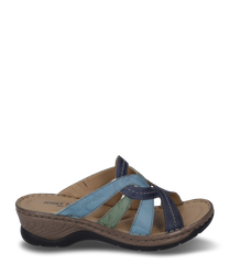 The clog is made of leather and features a multicolored design in shades of blue and green. It has a comfortable elastic closure and a sturdy sole for optimal grip.
