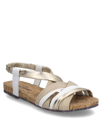 Elegant sandal with golden and white straps that cross. Made from shiny material with a buckle closure and a cork-like sole for comfortable wear.