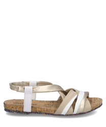 Elegant sandal with golden and white straps that cross. Made from shiny material with a buckle closure and a cork-like sole for comfortable wear.