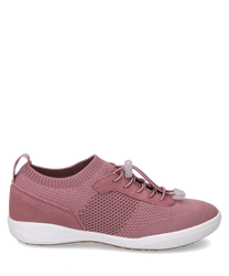 A pink sneaker with lacing made from breathable knitted material. The shoe features a white sole and a simple modern design.