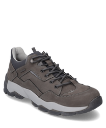 Gray leather lace-up shoe with a robust design and contrasting white sole. The shoe has a sporty appearance with contrasting stitching and a reinforced heel for added support.