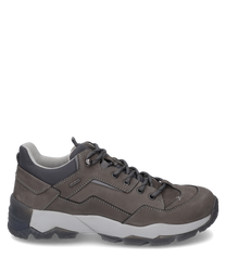 Gray leather lace-up shoe with a robust design and contrasting white sole. The shoe has a sporty appearance with contrasting stitching and a reinforced heel for added support.